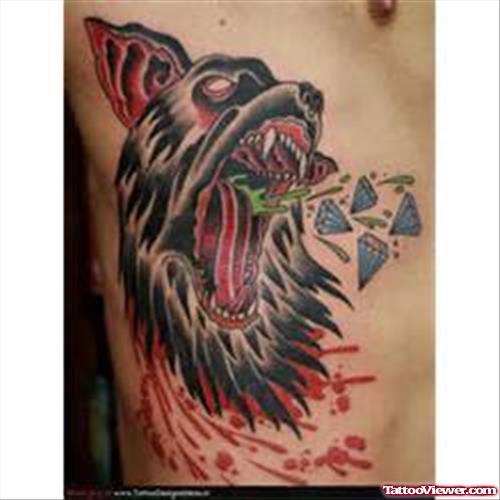 Awesome Bleeding Wolf Head Tattoo On Side Rib