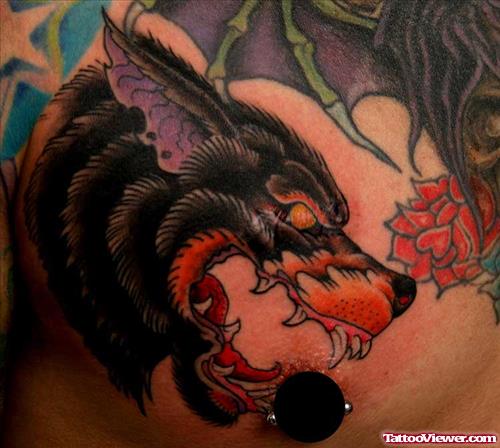 Traditional Wolf Tattoo On Man Chest