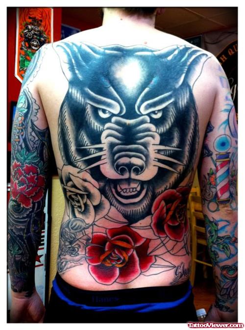 Red Rose Flowers And Wolf Tattoo On Back