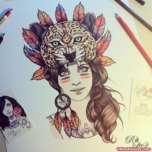 Native Wolf Head Girl Tattoo Design