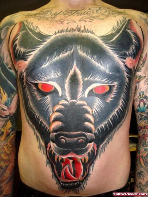 Large Black Ink Wolf Tattoo On Man Chest