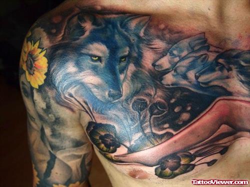 Grey Ink Wolf Tattoo On Right Collarbone