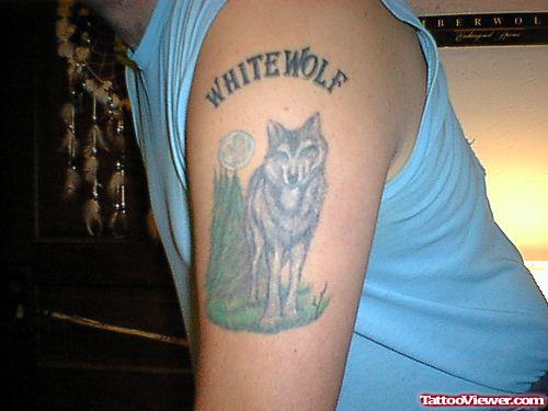 Grey Ink Wolf Tattoo On Left Half Sleeve