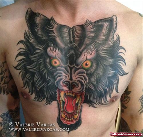 Grey Ink Wolf Head Tattoos On Man Chest