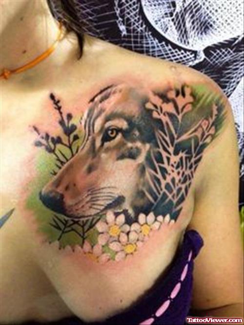 Crazy Grey Ink Wolf Head Tattoo On Chest