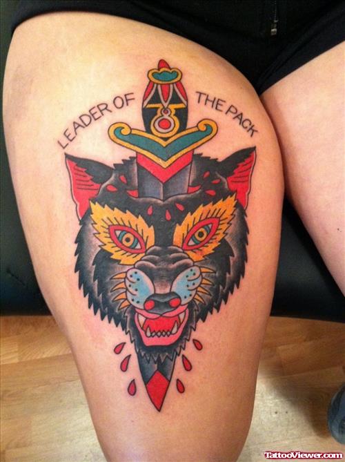 Color Ink Wolf Head Tattoo On Right Sleeve