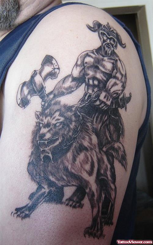 Amazing Grey Ink Wolf Tattoo On Left Half Sleeve