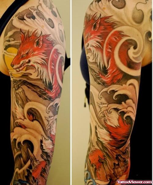 Awesome Colored Wolf Tattoos On Sleeve