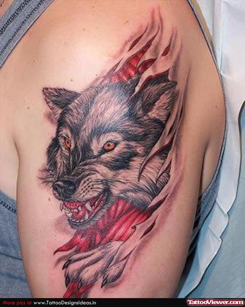 Ripped Skin Wolf Tattoo On Left Shoulder