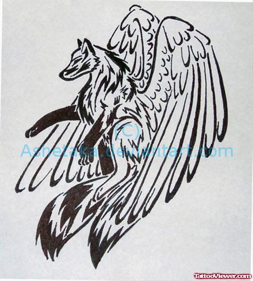 Large Tribal Winged Wolf Tattoo Design