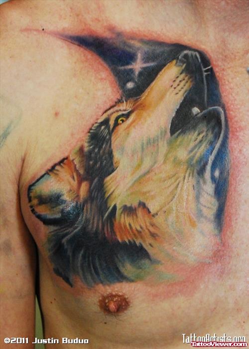 Hoeling Wolf Tattoo On Chest For Men