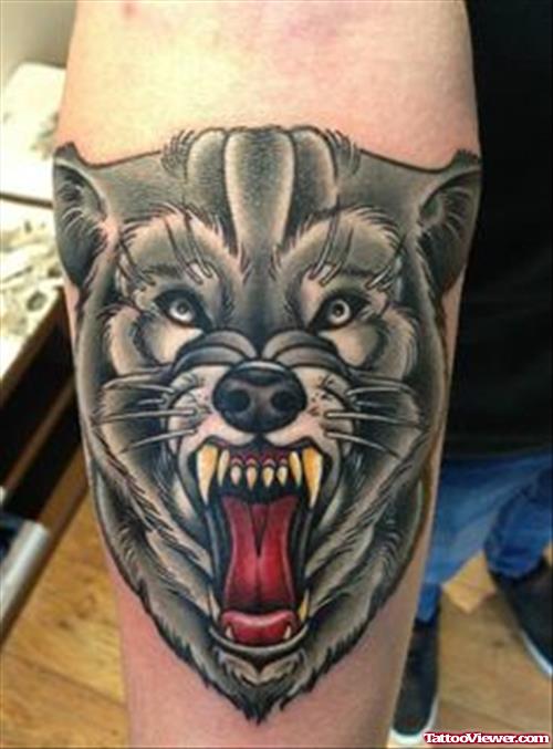 Grey Ink Wolf Tattoo On Right Sleeve