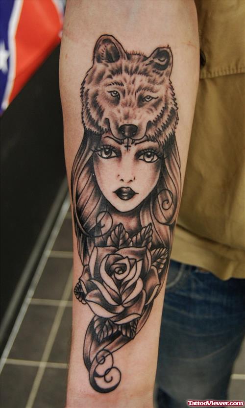 Grey Ink Rose Flower And Wolf Head Girl Tattoo