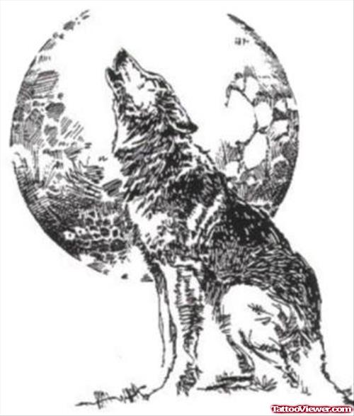 Grey Ink Moon and Wolf Tattoo Design