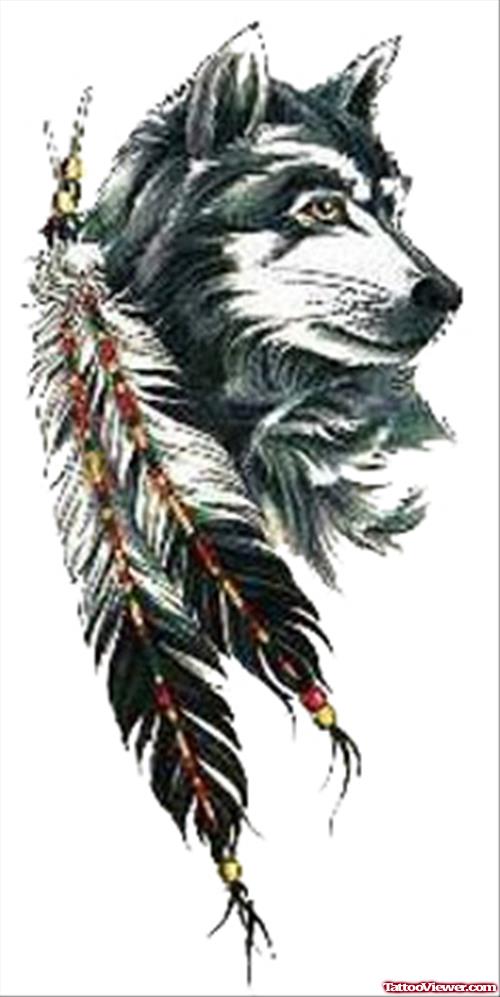 Feathers And Wolf Head Tattoo Design