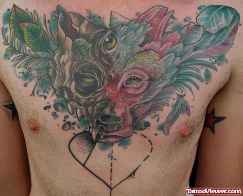 Colored Wolf Tattoo On Man Chest