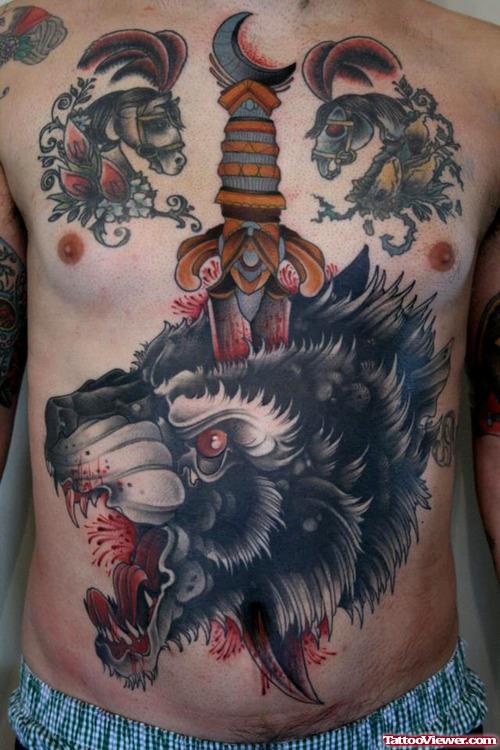 Amazing Dagger and Wolf Head Tattoo