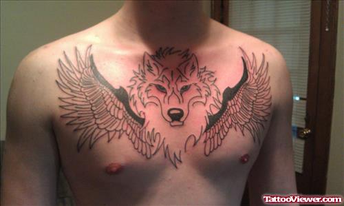Winged Wolf Head Tattoo On Chest