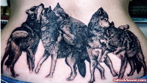 Grey Ink Wolf Tattoos On Lowerback