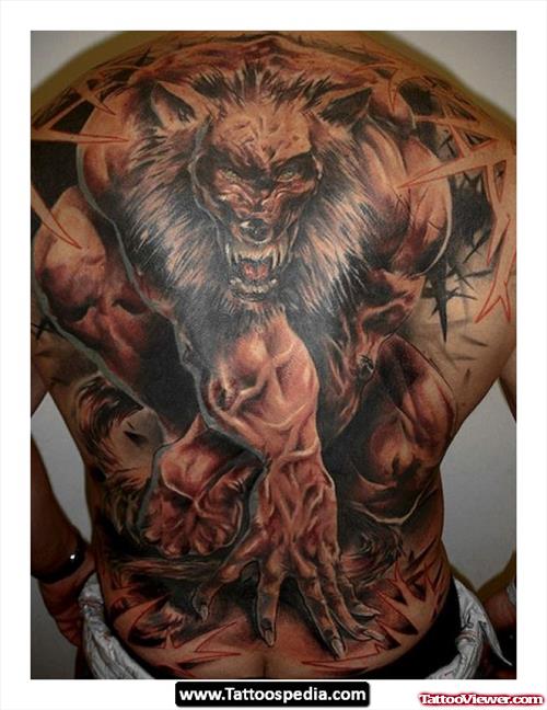 Grey Ink Wolf Tattoo On Back Body