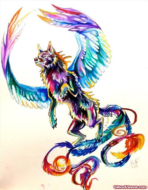 Colored Flying Wolf Tattoo Design
