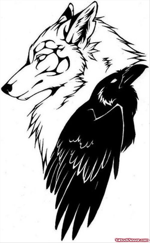 Black Crow and Wolf Tattoo Design