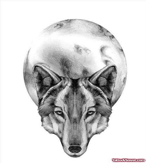 Beautiful Grey Ink Moon and Wolf Head Tattoo