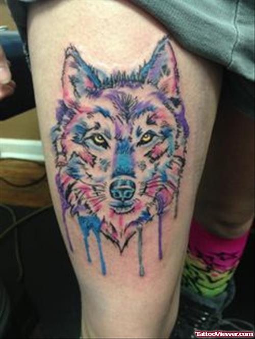 Abstract Colored Wolf Head Tattoo On Right Thigh