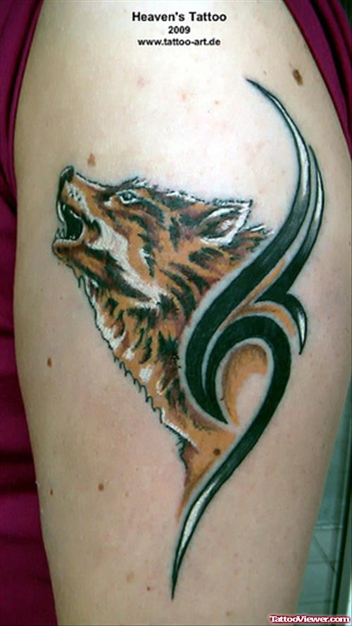 Tribal And Wolf Tattoo On Half Sleeve