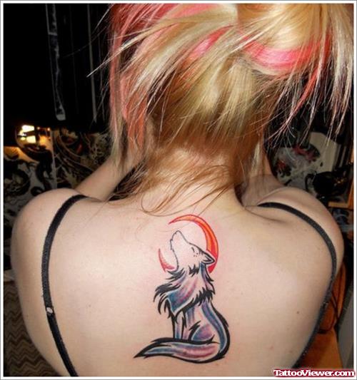 Red Moon And Wolf Tattoo On Girl Upperback