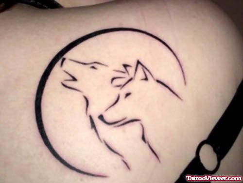 Moon and Howling Wolf Tattoo On Back Shoulder