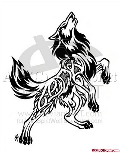 Grey Ink Tribal Wolf Tattoo Design