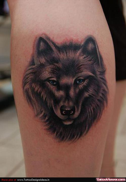 Crazy Grey Ink Wolf Tattoo On Leg
