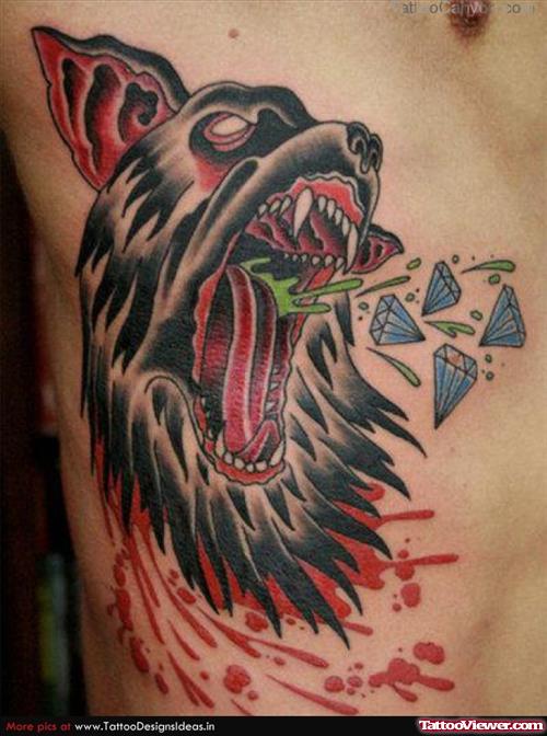 Colored Craying Wolf Tattoo On Side Rib