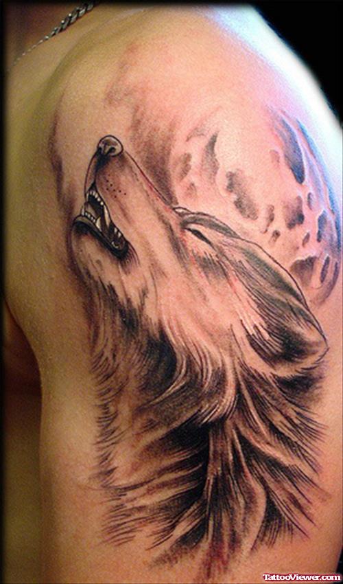 Classic Grey Ink Wolf Tattoo On Left Half Sleeve