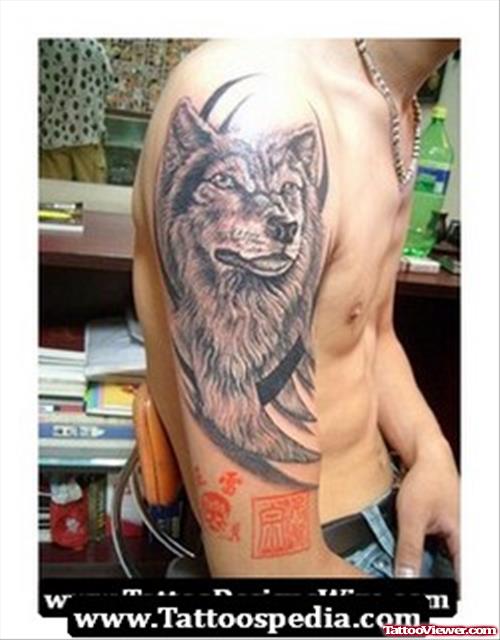 Black Tribal Wolf Head Tattoo On Right Half Sleeve