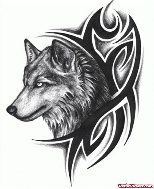 Black Tribal And Wolf Head Tattoo Design