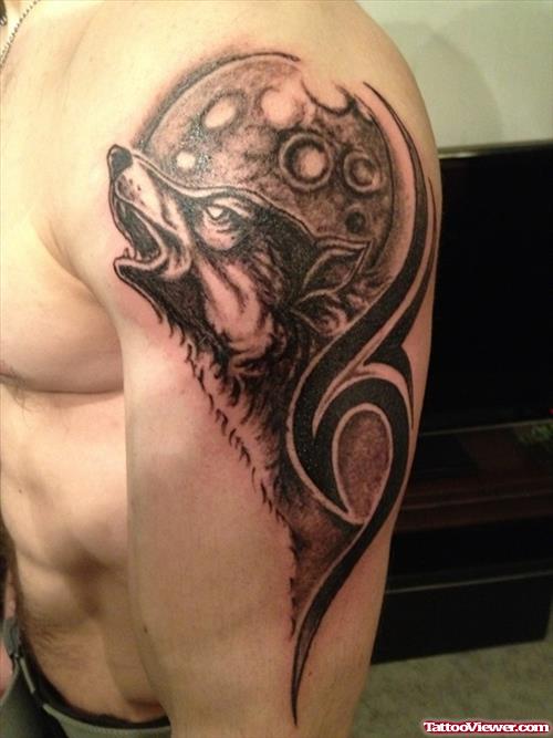 Black Tribal  And Grey Ink Wolf Tattoo On Half Sleeve