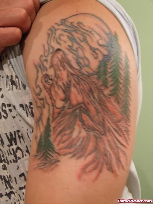 Trees And Wolf Tattoo On Shoulder