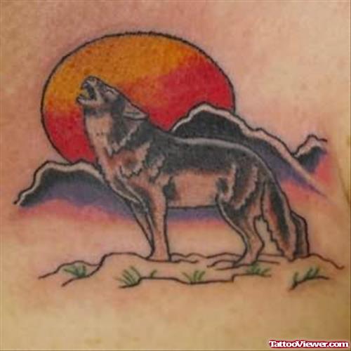 Red And Yellow Moon And Wolf Beautiful Tattoo