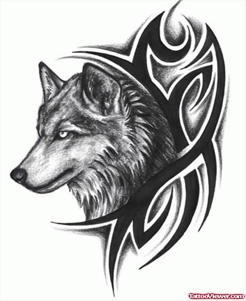 Tribal Design And Wolf Head Tattoo