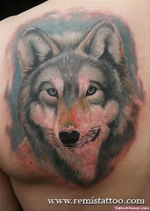 Grey Ink Wolf Tattoo On Back