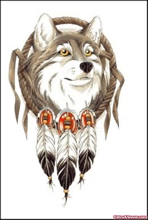 Wolf Head And Feathers Tattoo Design