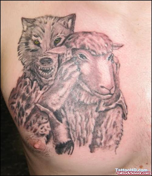 Angry Wolf And Goat Tattoo