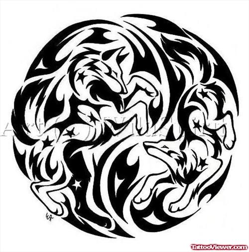Flames And Wolves Fight Tattoo Design