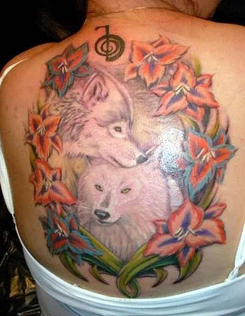 Flowers And Wolf Tattoos On Back