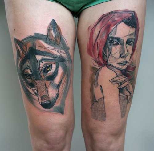 Abstract Girl Head and Wolf Head Tattoo On Right Thigh