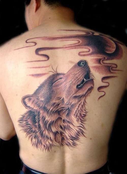 Howling Wolf With Moon Tattoo On Back