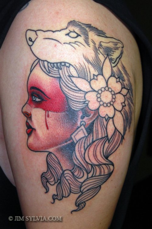 Girl Head And Wolf Head Tattoo On Left Shoulder