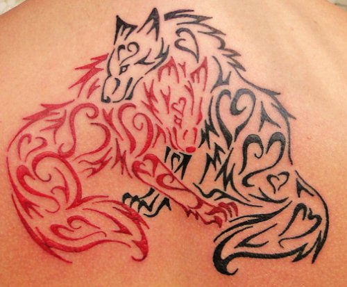 Red And Black Tribal Wolf Tattoos